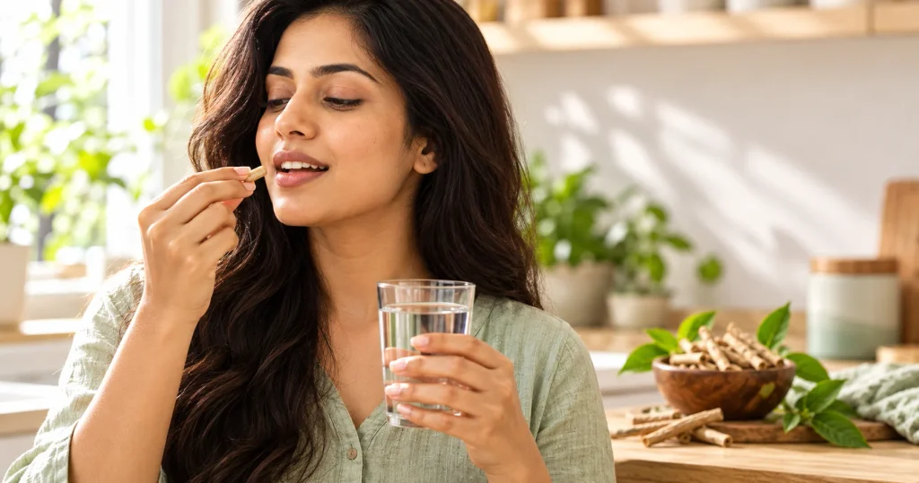 One Ayusensia ashwagandha 600 mg capsule in hand with a glass of water, daily dose for women