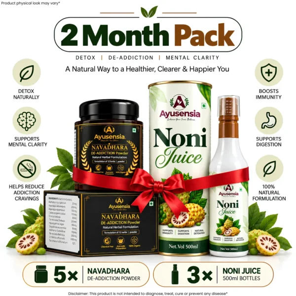 2-month complete body detox kit bundle with multiple jars of Navadhara and Noni Juice bottles for sustained health.