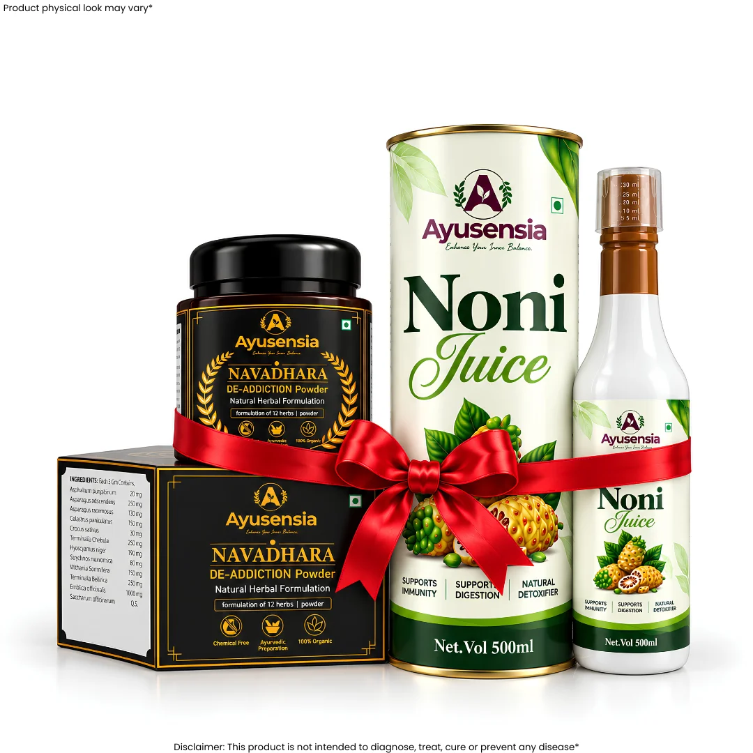 Ayusensia full body detox kit featuring Navadhara habit management powder and Noni Juice bundled together with a ribbon.