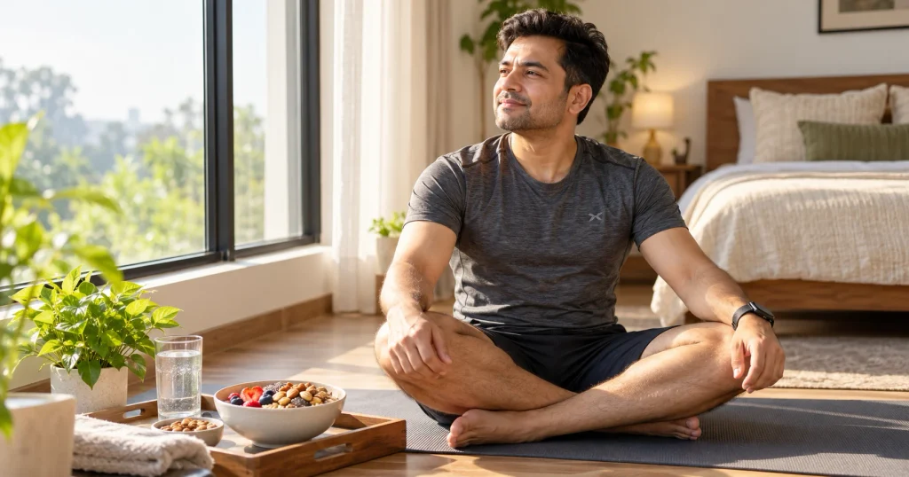 Man practicing healthy morning habits of rest, stress relief and nutrition for lasting stamina