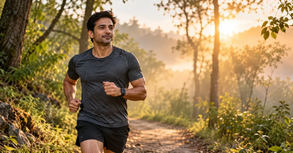 Man jogging outdoors at sunrise to improve men’s physical stamina naturally