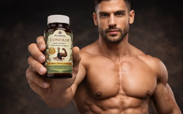 Man holding Ayusensia CONFIUJP daily stamina and performance support dietary supplement bottle