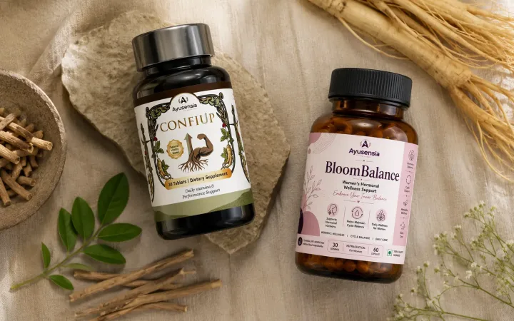 Ayusensia Ayurvedic wellness brand supplements ConfiUp and BloomBalance with natural herbs