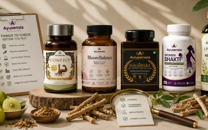Ayusensia Ayurvedic supplements displayed with natural herbs for a guide on choosing trusted Ayurvedic supplements.
